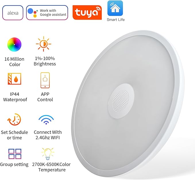 Smart Waterproof LED Flush Mount Ceiling Light Fixture,11 inch 18W,with Bluetooth Speaker,RGB Color Changing Function- Dimmable Lamp,Tuya Application Control-Compatible with Alexa Google Home
