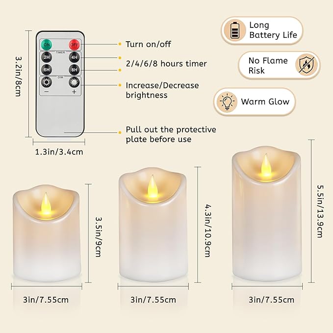 Flameless Candles 4" 5" 6" Outdoor Indoor Pillars Battery Operated Flickering Candles Include 8-Key Remote Timer 400+ Hours by 2 AA Batteries (White Candle - Warm Light, 6 Pack)