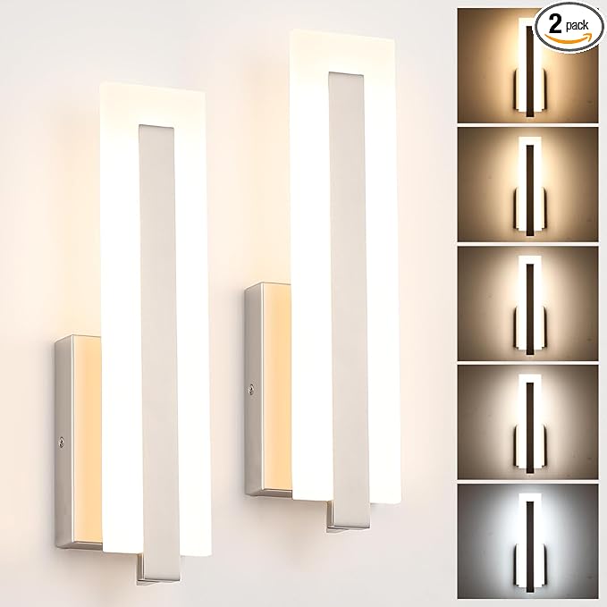 Tipace Hardwired Brushed Nickel Dimmable Modern LED Wall Sconce 2 Packs 3000K 3500K 4000K 5000K 6000K Indoor Wall Lights Up and Down Wall Mount Light for Living Room Bedroom Hallway Corridor(5CCT)