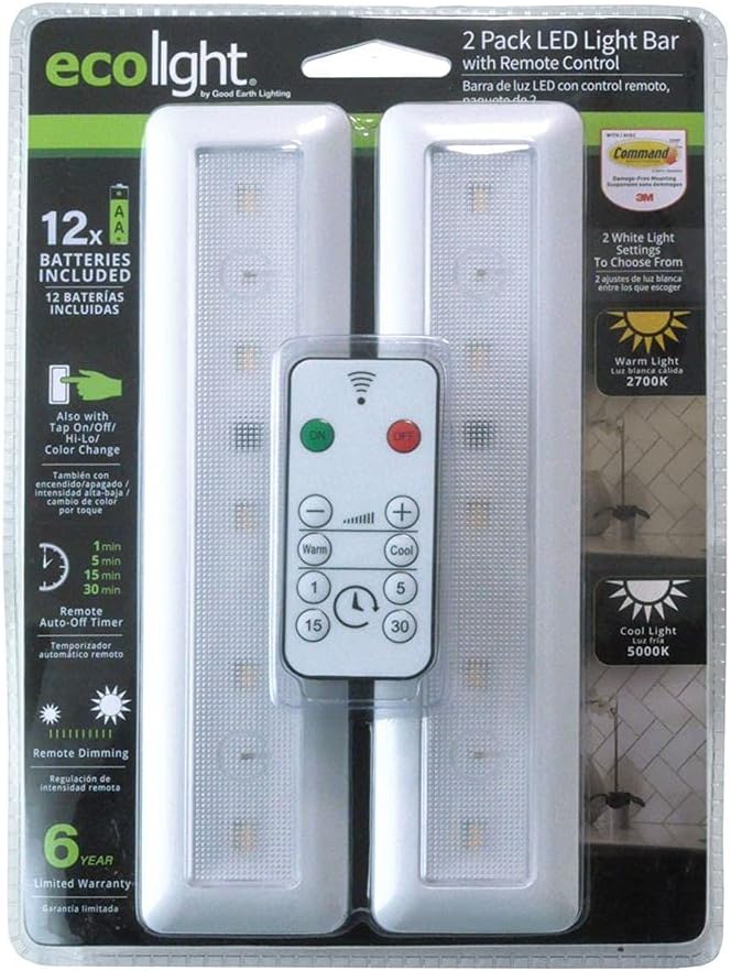 Ecolight 9-inch Bar Lights - 2-Pack, Battery Operated, Tap on/Off - White Color Changing, Dimmable, IR Remote with Timer - 80 Lumen, 30,000 Hour Rated Lamp Life - White Finish