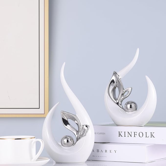 XMGZQ White and Silver Ceramic Statues for Home Décor Accents,Abstract Art Mid Century Modern Decor,Elegante Centerpiece Table Decorations,Sculpture for Entryway,Tv Stand,Mantel,Coffee Table