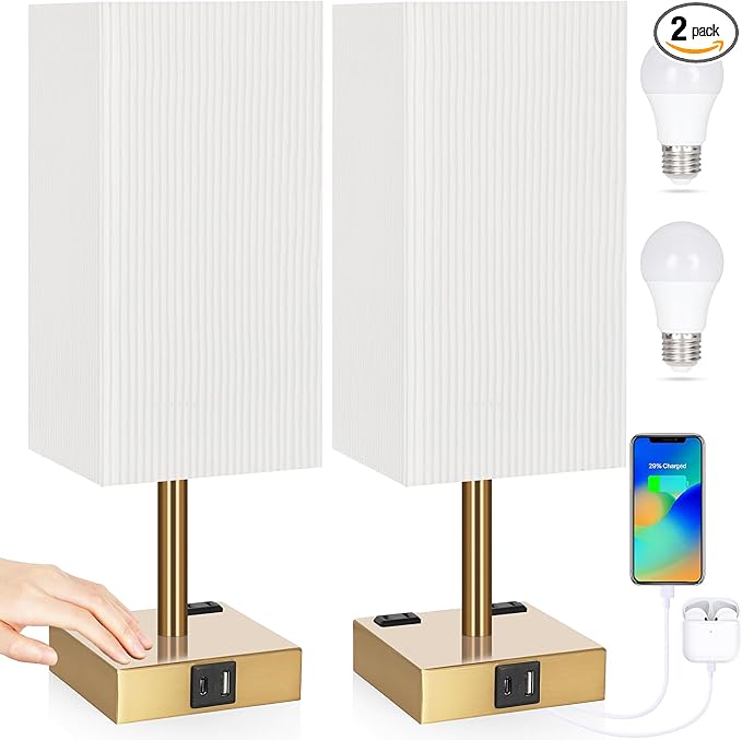 Soilsiu Set of 2 Bedside Table Lamp 3 Way Dimmable Nightstand Lamp with USB C & USB A Charging Port, 2 AC Outlets, 3000K LED Bulbs (Pleate)