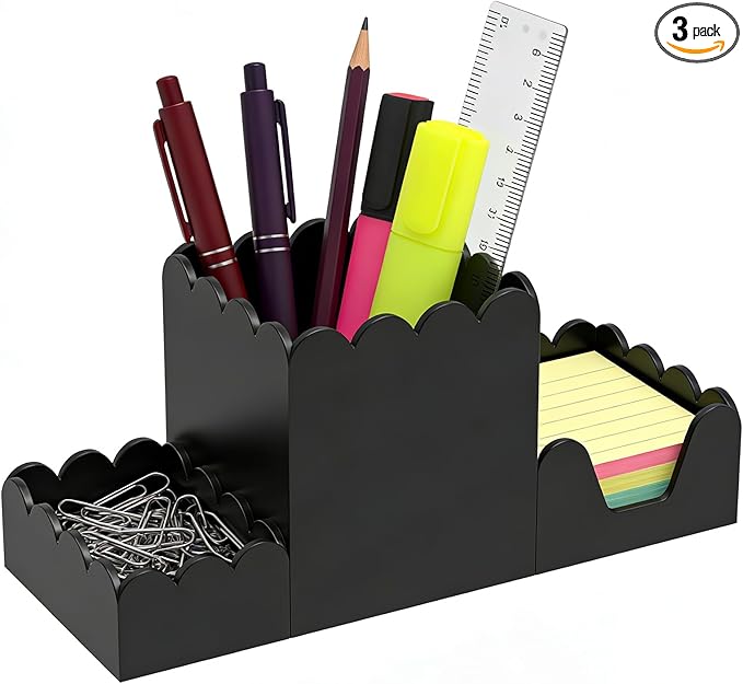YAGELI Black Acrylic Desk Organizer Set of 3, Magnetic Modular Pen Holder with Sticky Notes & Paperclip Tray, Aesthetic Desk Accessories for Home Office & Minimalist Decor