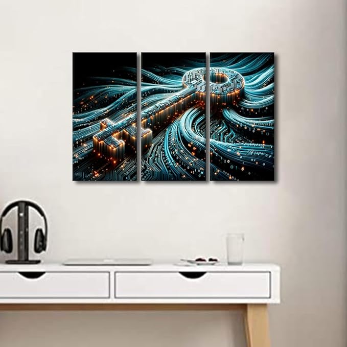 3 Panel Cyber Security Concept with Key on Circuit Board Pictures Print On Canvas Wall Art for Living Room, Concepts Artwork Stretched and Framed Gallery-Wrapped Ready to Hang, 36" Wx24 H