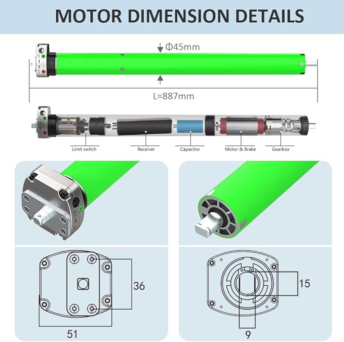 Remote Control DC24V Motorized Roller Shade Motor with Manual Override, 45mm Brushless Electric Awning Motor for Windproof Shades, High Torque Tubular Motor (50 N.m for Φ63mm（2-1/2"") Groove Tube