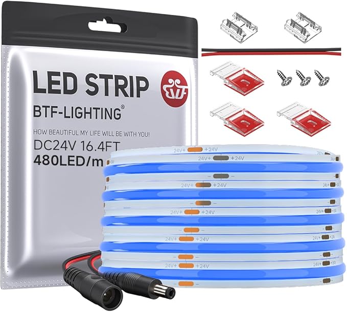 BTF-LIGHTING FCOB COB LED Strip Blue Color 480LED/m 16.4FT DC24V Flexible High Density Uniform Light 8mm Width Bright Dimmable for Home Indoor Decor(No Adapter or Controller)