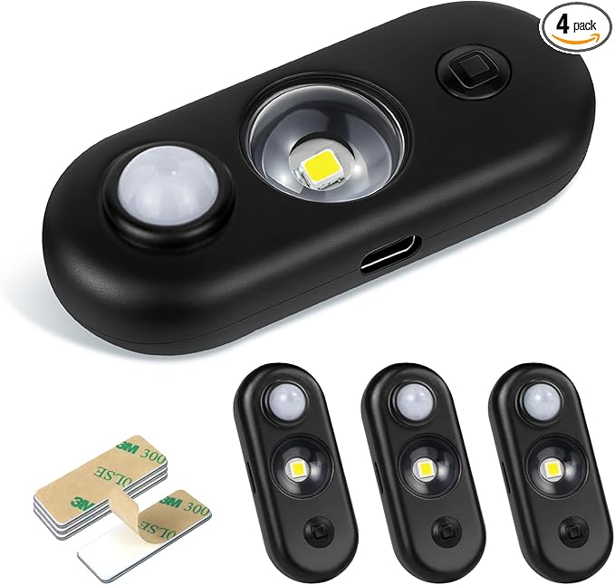 LED Motion Sensor Light Indoor, Magnetic Under Cabinet Lighting Warm White, Black Dimmable Rechargeable Puck Lights for Closet, Kitchen, Stairs(4 Pack)