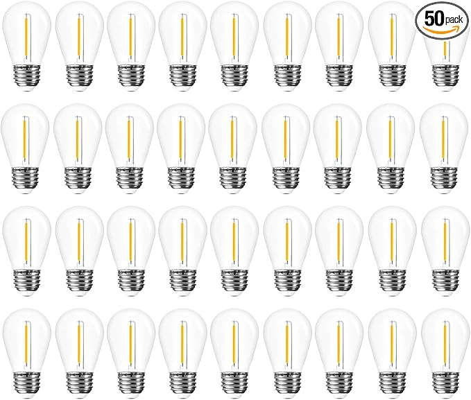 Jslinter 50 Pack Edison Bulb String Lights Outdoor, S14 Replacement Bulbs for Outdoor String Lights Waterproof 1W, E26 Base Led Light Bulb, 2700K Warm White Light Bulbs for Patio