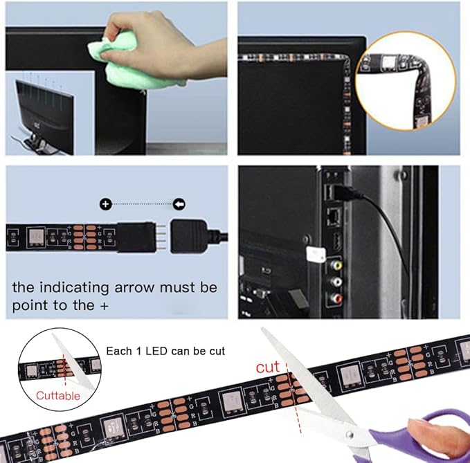 5V 5050 RGB LED Strip Light USB with 44key Remote Control 4 Pre-Cut 1.64ft/6.56ft Lights Tape TV Backlights Holiday Decoration Black PCB