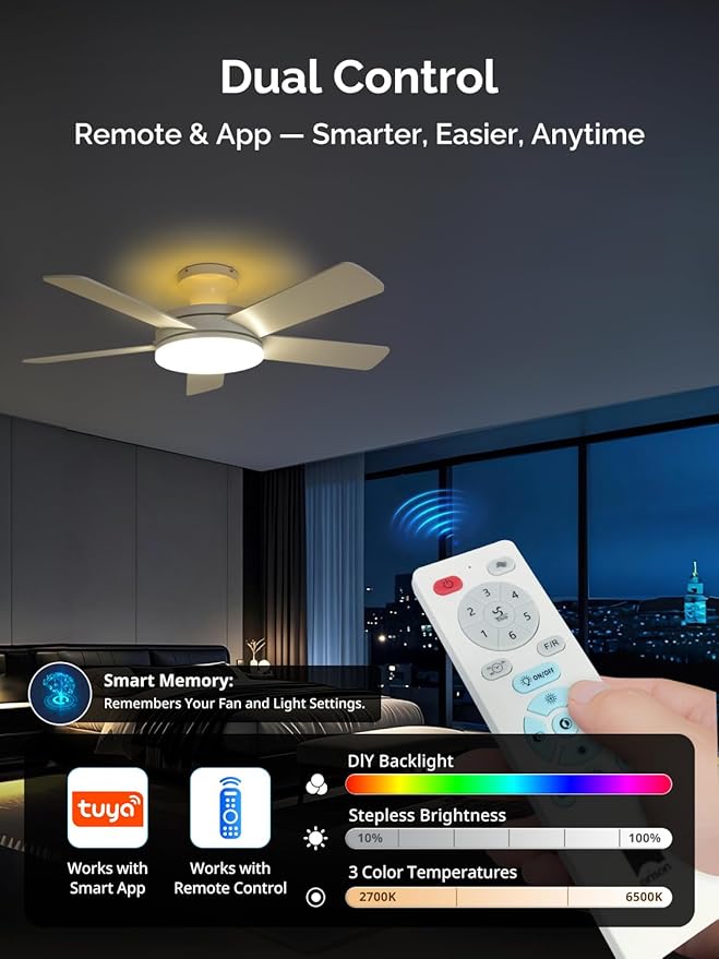 Orison Ceiling Fans with Lights, 45 Inch Low Profile Ceiling Fan with Light and Remote/APP Control, RGB Backlight & LED 3CCT Dimmable, DC Reversible Motor, 6 Speeds, 5 Reversible Blades White