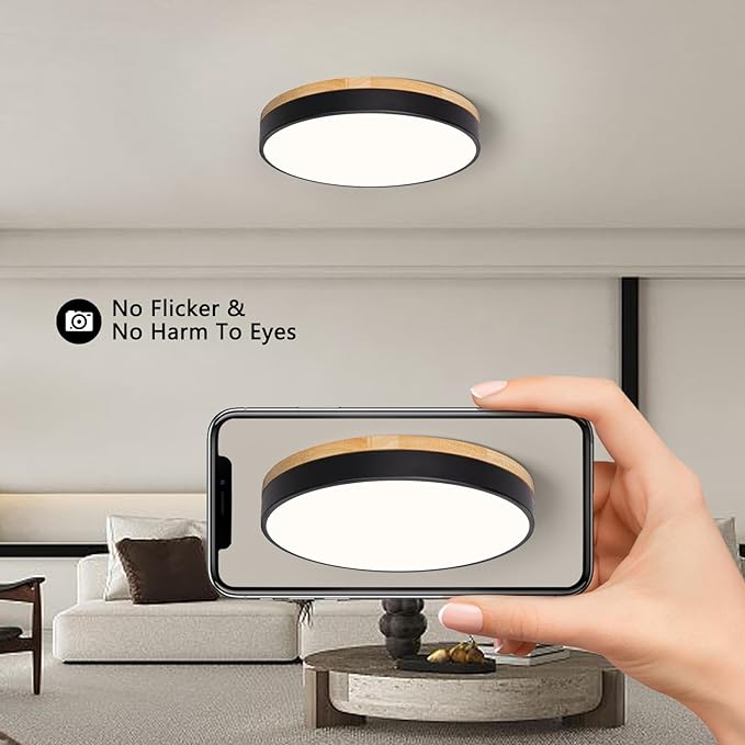 Modern Wood Black Flush Mount Ceiling Light, 15.74" Round LED Low Profile Close to Ceiling Fixture for Kitchen Bedroom Bathroom Laundry Hallway Entryway Closet Living Room