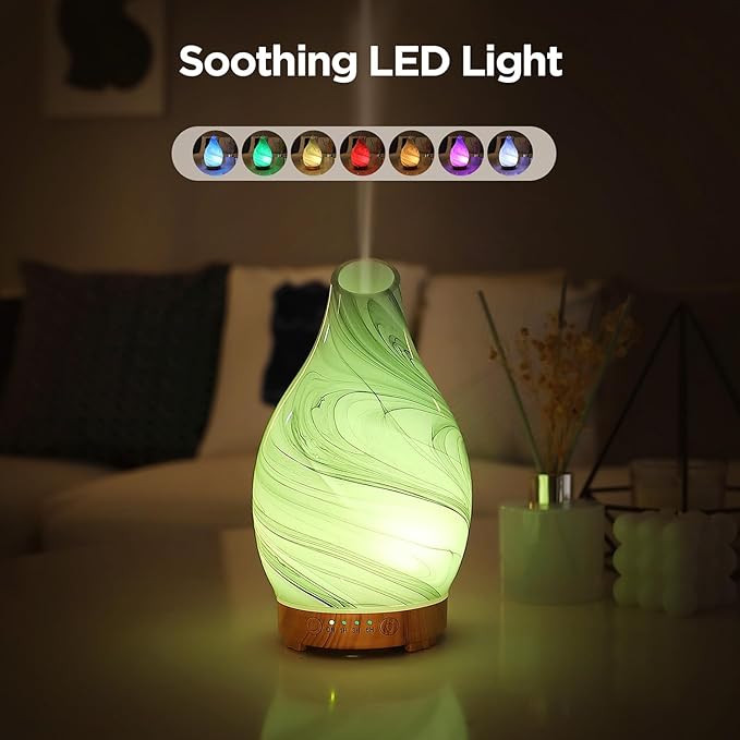 Essential Oil Diffuser, Art Glass Ultrasonic Aromatherapy Diffuser for Home 160ml with Intermittent Mist & LED 7 Colorful Changing Night Light for Bedroom-Ink Dyeing Time