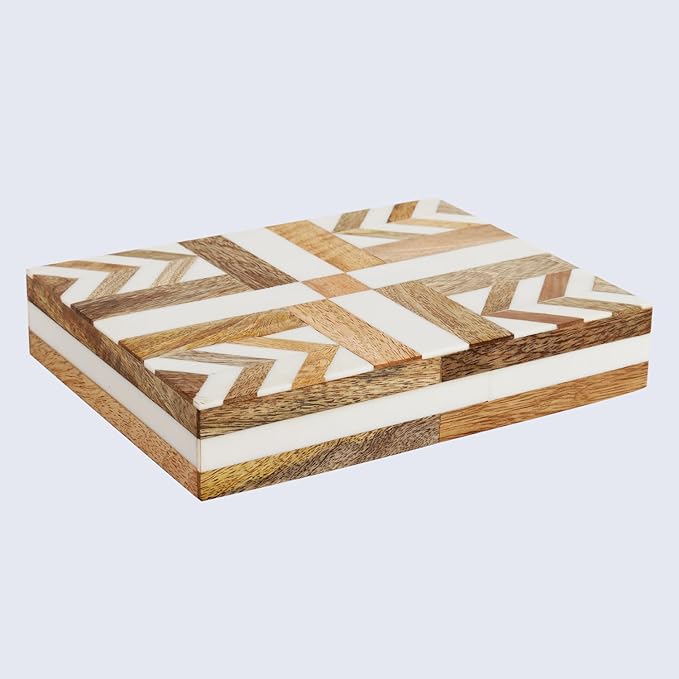 Handicrafts Home White Decorative Storage Box with Lid Wooden Desk Organizer Box Office Storage Box for Workspace Desk Decor Organizer – Resin Inlay Patisserie Adorn Collection- 8x6x1.5