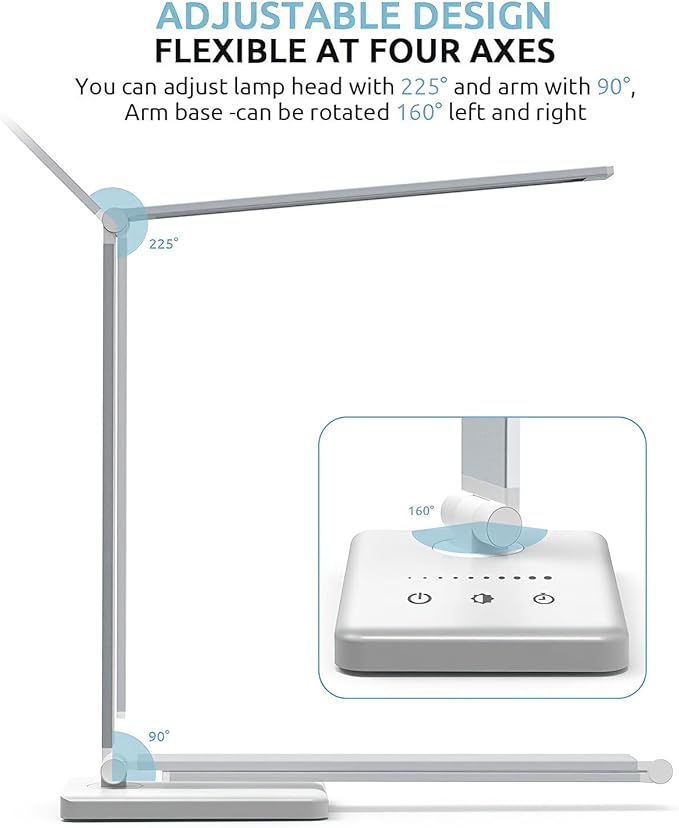 LED Desk Lamp with USB Charging Port, 5 Color Modes, 10 Dimmable Brightness Levels, Eye-Caring Reading Light, Touch Control & 30/60 min Auto Timer, Silver