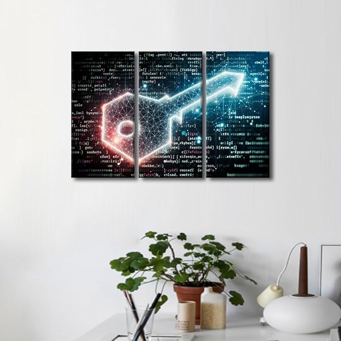 TUMOVO 3 Panels Modern Wall Art Abstract Glowing Key on Digital Background Pictures Print on Canvas for Bedroom Living Room Wall Decoration, Security Concept Artwork Ready to Hang, 36" Wx24 H