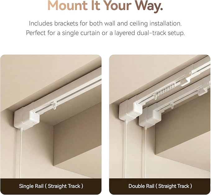 Remac M1 Motorized Curtain Track, Smart Ceiling Track System No Cutting, Adjustable Rail Works with Matter, Alexa, Apple HomeKit, Google, Wall/Ceiling Mount for Bedroom Living Room 66"-114"