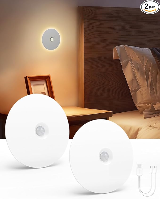 Yiliaw Motion Sensor Night Light, Rechargeable Nightlight Indoor, Warm White with Wireless Magnetic Mount, Adjustable Brightness & 3 Color Temps for Hallway, Stairway, Bathroom, Closet (2 Pack)