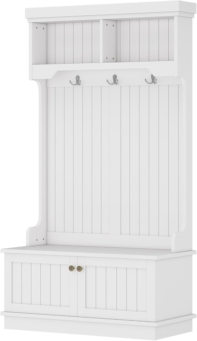 Modern Hall Tree with Storage Shoe Bench, 4-in-1 Design Coat Racks with Shoe Bench and Hooks, Multifunctional Hall Tree for Living Room, Entryway and Hallway (White/44f)