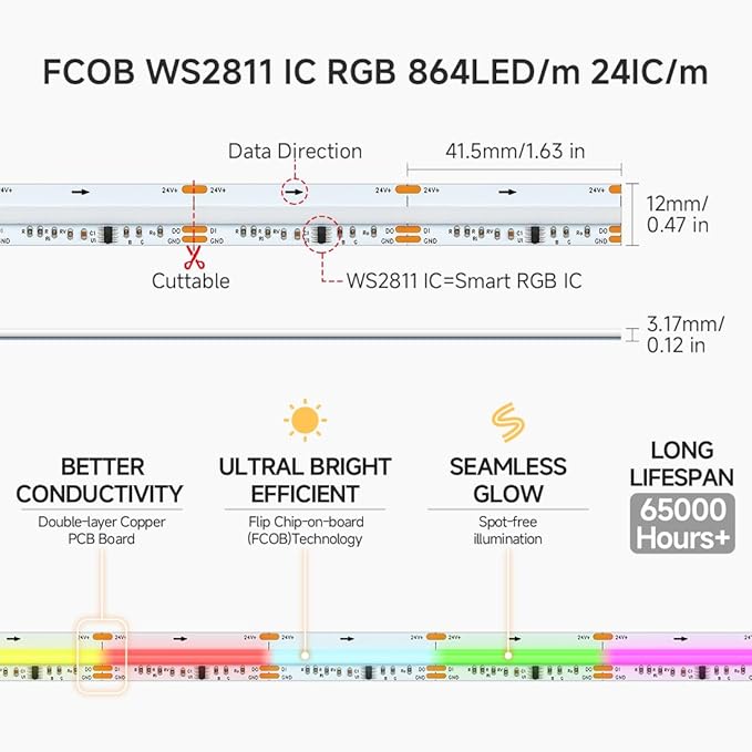 BTF-LIGHTING FCOB WS2811 IC RGB COB LED Strip 864LED/m Flexible High Density Color Chasing Uniform Light DC24V 16.4FT 24IC/m 12mm Width for DIY Lighting Projects(No Adapter or Controller)
