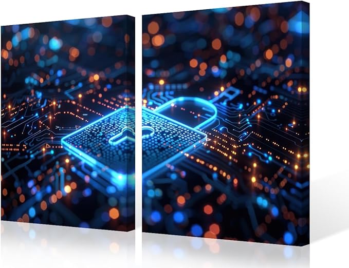 3 Pieces Security Lock Symbol Home Decor Wall Art AI Intelligence Paintings Pictures Artwork Home Decor for Living Room Giclee Framed Gallery-Wrapped Ready to Hang, 24" Wx16 H