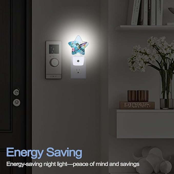 Watercolor Bird Dusk to Dawn Star Night Light,Hummingbird Flower Smart Sensor Nightlight for Bedroom Kitchen Hallway Stairs,Plug-in Energy Efficient Decor Desk Lamp Women Men Gifts