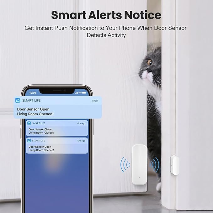 Smart WiFi Door/Window Sensor | Tuya Smart Alarm, Wireless Entry Detector with Real-Time Alerts, Compatible with Alexa/Google Home, No Hub Required (1Pack)