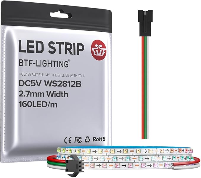 BTF-LIGHTING WS2812B IC RGB 2.7mm Ultra Narrow LED Strip 0807SMD DC5V Individually Addressable 3.2FT 160Pixels/m 160LED Dream Color Tape Light for Home DIY Decoration IP30 (No Adapter or Controller)