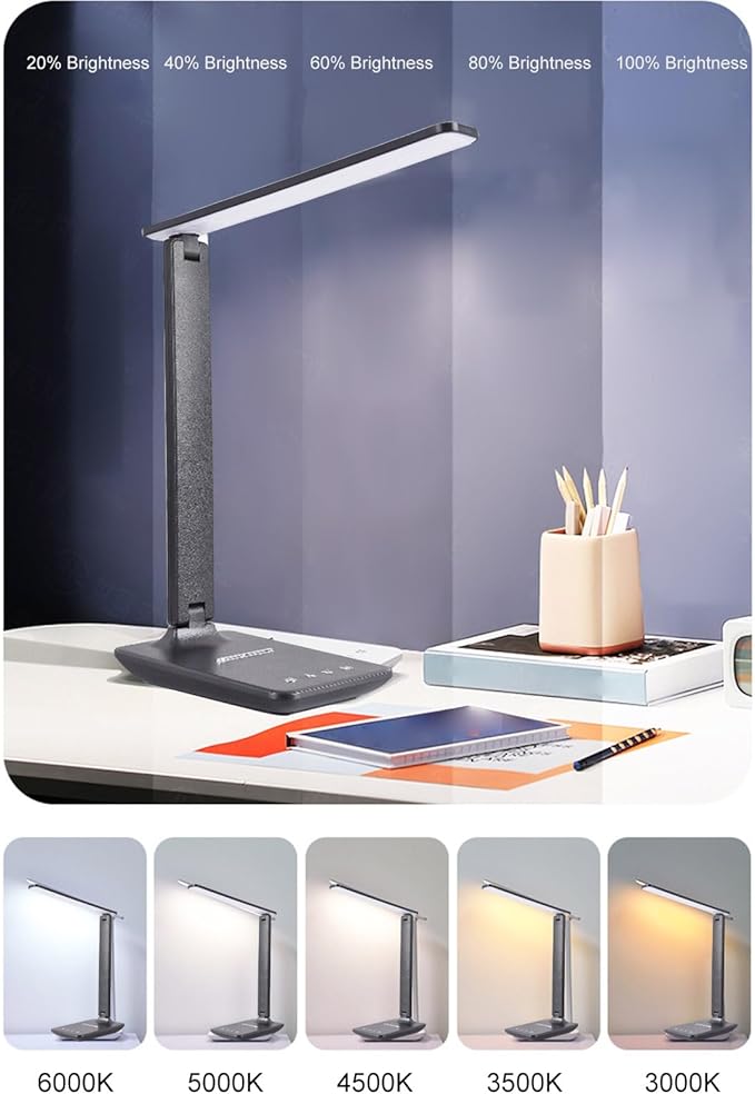 BAFOVY Eye Caring Table Lamp, 180 Adjustable Rotating Foldable Desk Lamp with USB C Charging Port, 5 Color Temperatures 5 Dimming Levels (Black)
