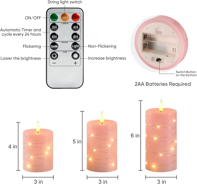 Amagic 3"×4" 5" 6" Easter Decorations Flameless Candles with String Lights, Pink 11-Key Remote & Timer Battery Operated Flickering Led Pillar Candles Real Wax for Home, Lantern Decor, Set of 3