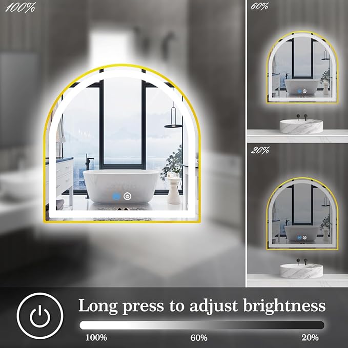 24 x 26 Inch Gold Arch LED Mirror for Bathroom Wall Makeup Desk Table Gold Arched Vanity Mirror with Lights AntiFog Smart Memory 3 Color Dimmable 26 Golden Frame Arched Lighted Vanity Mirrors