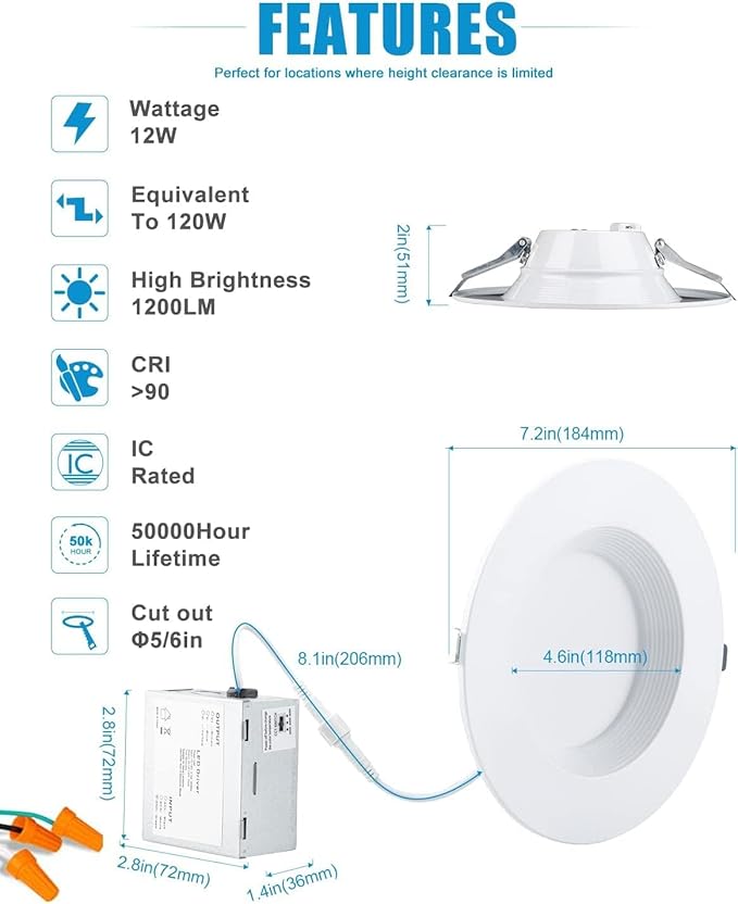 Lightdot 6 Inch Recessed Lighting 6 Pack White, 12W Dimmable LED Downlight 3CCT Selectable (3000K/4000K/5000K), Anti-Glare Slim Canless Ceiling Light