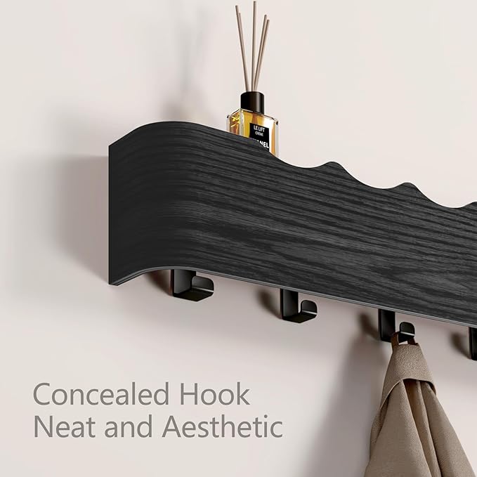 Coat Rack Wall Mount Entryway Organizer Modern Key Holder Wall Mount with Wooden Shelf Entryway Hooks for Bedroom Kitchen Hallway Bathroom for Hanging Coats Hats Dog Leashes Bags Towels