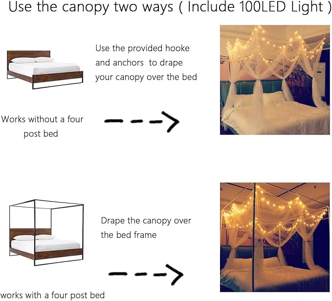 Comtelek 8 Corner Bed Canopy with 100 LED Star String Lights Battery Operated, White Bed Netting Unique Style 4 Door Square Canopy Bed Curtains Canopy - Suggested for Twin Full Queen King Bed