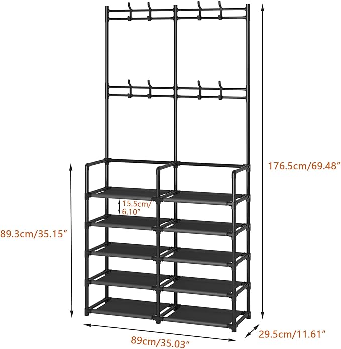 Laiensia 5-Tier Entryway Coat Rack, Coat and Shoe Rack, Entryway Bench Storage Organizer with 8 Hooks for Bedroom, Hallway, Office, Black