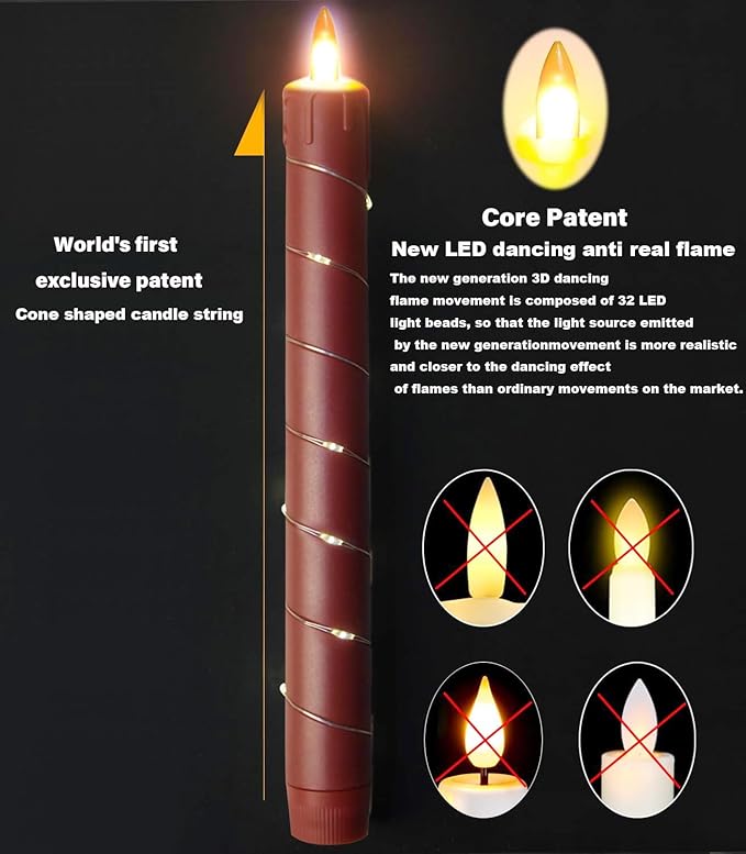 Flameless Cone-Shaped Candle, Patented with Starlight String, 11 Key Remote Control, Timer, Battery Powered, Patented Simulated Flame, 3 Packs, Christmas Home and Wedding Decoration (red)