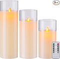 Pack of 3 Flameless Candles Battery Operated Real Wax Glass Flickering LED Candle Sets with Remote Control Cycling 24 Hours Timer (3" x 8" 10" 12")