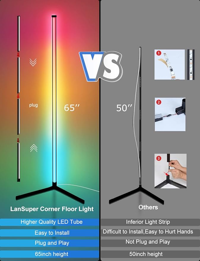 Corner Floor Lamp,65” Color Changing LED Floor Lamp with Music Sync,Modern Mood Lighting Corner Lamp with Remote & App Control, Creative DIY Mode & Timing,RGB Floor Lamps for Living Room Gaming Room