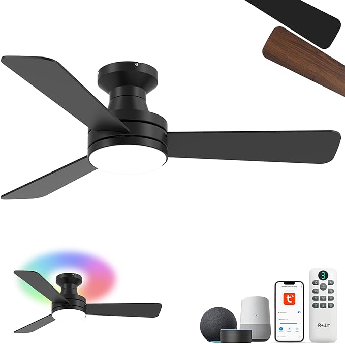 42" RGB Ceiling Fan with Light, Music Sync Smart Fan with Alexa/Google/App Control, Low Profile Flush Mount, 6-Speed Quiet DC Motor, 4 CCT Dimmable Lighting for Bedroom Living Room, Black