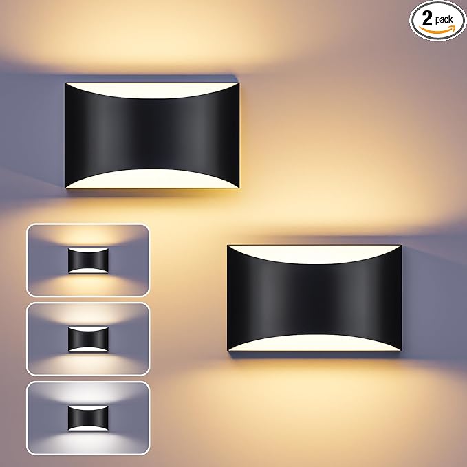 TingMiao Black Modern LED Wall Sconce, Hardwired Wall Sconces Set of 2, 3 Colors Indoor Wall Lamp, 10W Up and Down Aluminum Wall Mount Light for Bedroom Living Room Hallway Corridor (Black, 2 Pack)