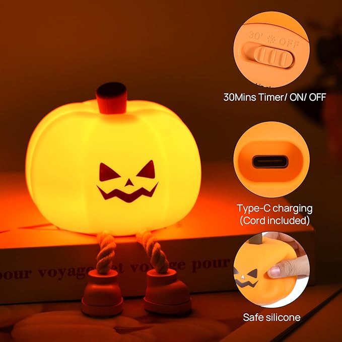 Cute Silicone Pumpkin Night Light, Rechargeable Dimmable Nursery Nightlight, Bedside Touch Lamp for Breastfeeding, Pumpkin Decor for Fall Decorations (Halloween)