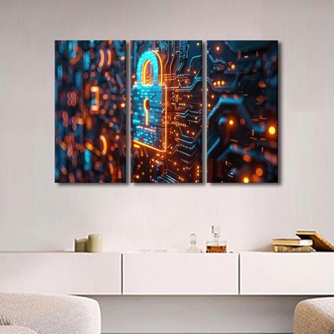 3 Panels Wall Art Canvas Print Security Lock Symbol Paintings AI Intelligence Pictures Prints on Canvas Contemporary Wall Decor Modern Artwork Giclee Gallery-Wrapped Framed Ready to Hang, 60"Wx40"