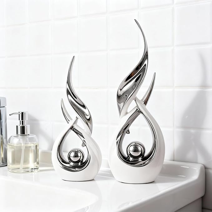 DOVDOV 2-Piece Abstract White and Silver Home Decor, Ceramic Abstract Sculptures, Modern Art Pieces, Suitable for Room Coffee Tables, Office Bookshelves, Dining Table Centers, entryway Decor.