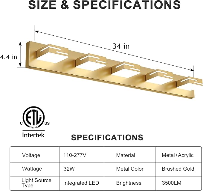 LED Modern Bathroom Vanity Light Fixtures, 5-Light 34-inch Dimmable Gold Vanity Lights for Bathroom Lighting Fixtures Over Mirror, with 350° Rotatable Heads (Cool White 6000K)