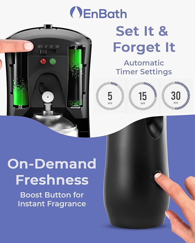 Automatic Air Freshener Spray Dispenser, Black Wall Mounted or Free Standing Battery Operated Sprayer for Home or Commercial Use, 3 Auto Time Settings for Scent Release for Room/Bathroom Freshness