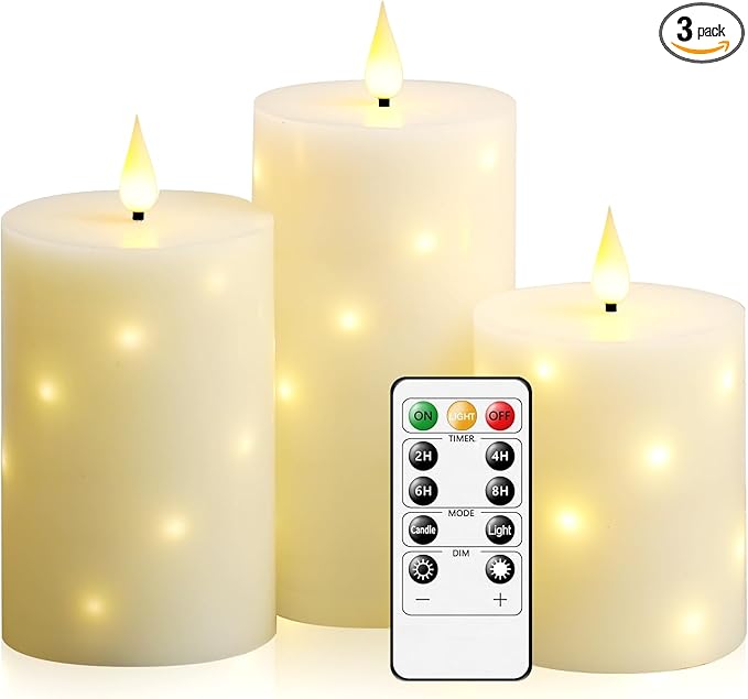 Flameless Candles with Embedded Star String, Real Wax Battery Operated Candles with Remote Timer, Flickering Pillar LED Candle Set for Home Decor Romantic Ambiance （Ivory）