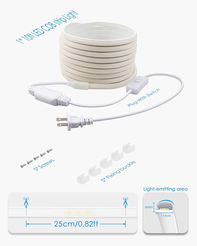 10FT COB LED Strip Lights 110V 3000K Warm White COB Led Rope Lights Outdoor Waterproof with Switch Plug in 288Leds/M High Density AC110V-120V LED Tape Lights for Bedroom Backyards Holiday 3M