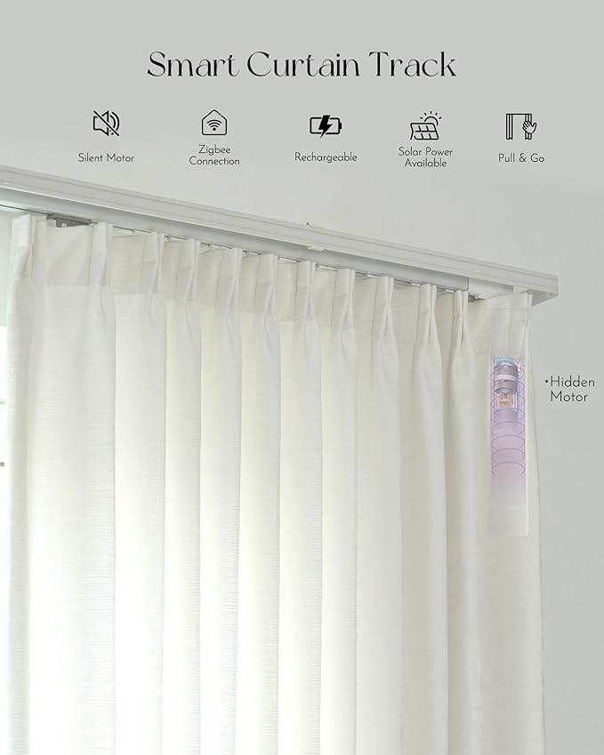 Graywind Rechargeable Smart Curtains Compatible with Alexa Google Remote Control Automatic Drapes for Sliding Door Room One-Way or Split Draw Joinable Curtain Custom Width Up to 220"(Mose)