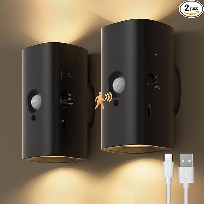Rechargeable Night Light with Motion Sensor, 2200mah Battery Operated Warm White Motion Sensor Light Indoor, Magnetic Stick-on Light for Bathroom, Bedroom, Stairs, Hallway, 2-Pack
