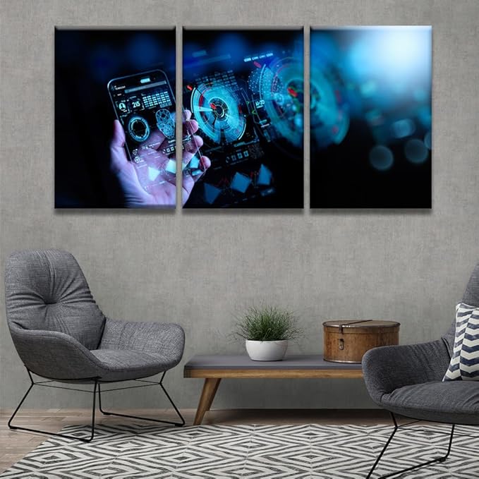 LSIUHWUWI 3 Panel Canvas Wall Art Modern Canvas Prints Art Wireless Mobile Internet Technology 5G LTE Data Connection Pictures Posters, Wall Art Wooden Framed Ready to Hang, 16x24inchx3