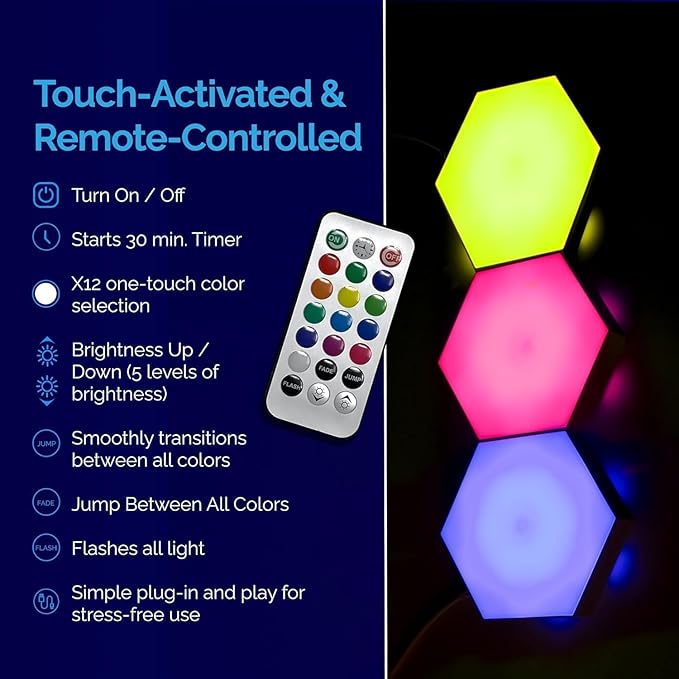 Emberela HEXlights Sensory Lights for Kids - 3pk Touch Hexagon Lights, Remote Controlled - Autism-Friendly Tap Tap Wall LED Panels for Sensory Room - Table Stand Included | Gifts for Kids with Autism